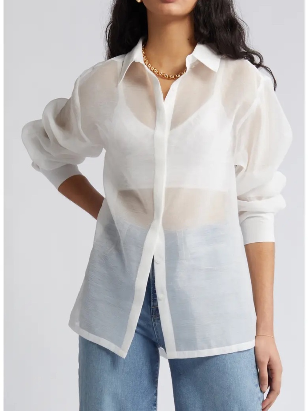 Open Edit Sheer Button-Up Shirt